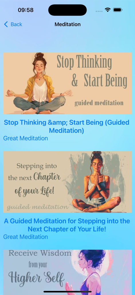 TubeMate - Music Global AI - Uno screenshot dell'app TubeMate che mostra una categoria di musica per la meditazione con brani di meditazione guidata e miniature artistiche.