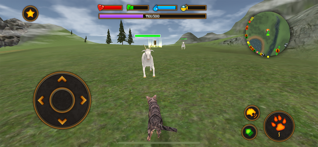 A cat warrior facing a white goat in a 3D open world field in the Clan Of Cats game