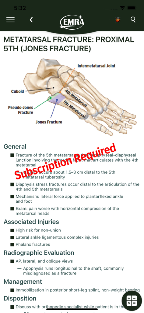 MobilEM - Anatomical diagram and clinical management guidelines for a Jones fracture within the MobilEM app