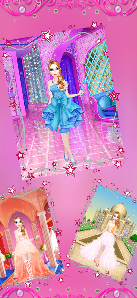 Little Princess Party Makeover - Un collage que muestra a un personaje de princesa con varios vestidos de fiesta coloridos y entornos del juego de cambio de imagen