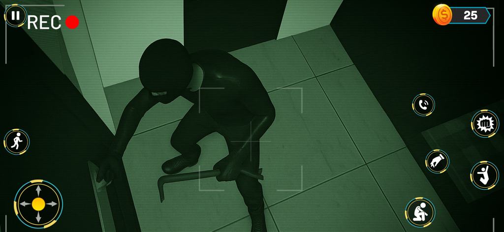 Un maître voleur en costume noir tenant un pied-de-biche tout en se faufilant dans une zone de haute sécurité en mode vision nocturne