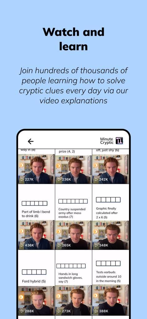 Minute Cryptic - A mobile screen showing a grid of video explanations for daily cryptic crossword clues in the Minute Cryptic app.