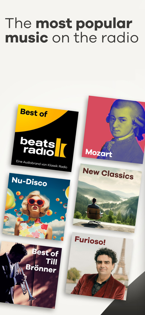Klassik Radio & Beats Radio - Una muestra de mosaicos de canales de música curada, incluyendo Mozart, Nu-Disco y Beats Radio