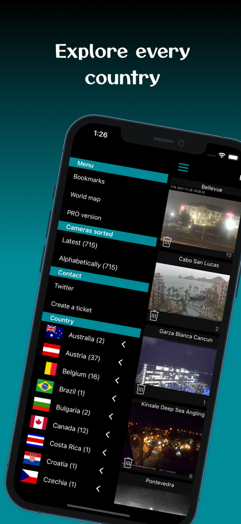 Planet Cam app screen displaying a menu with a list of countries and live camera feed thumbnails.