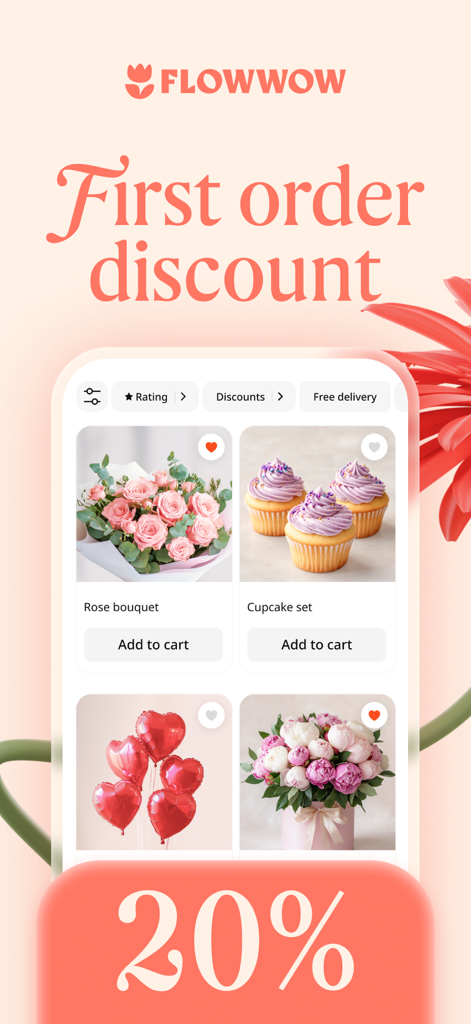 Flowwow mobile app interface showing a twenty percent first order discount with a catalog of flowers and cupcakes