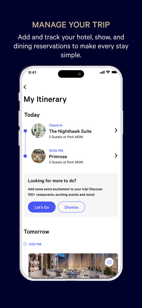 MGM Rewards - Interface de l'application MGM Rewards affichant un itinéraire de voyage avec enregistrement à l'hôtel et réservations de restaurant.