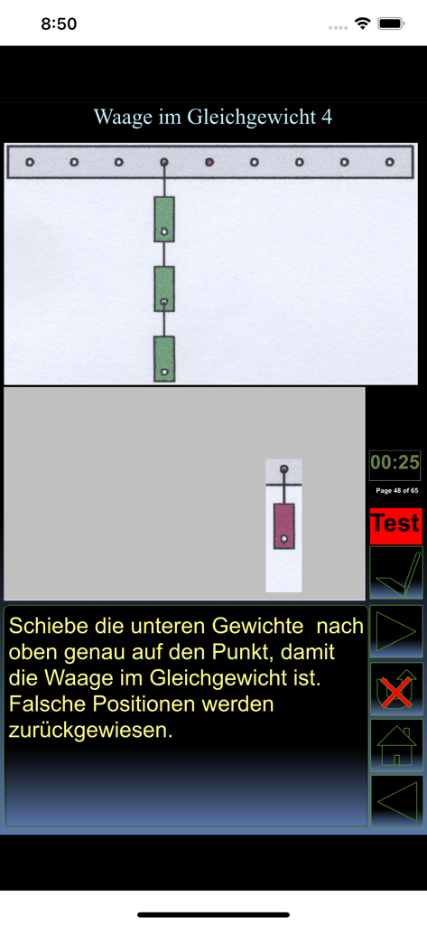 iPhysik 1 Quiz deutsch - Interactive physics quiz interface in German showing a balance scale experiment with weights.