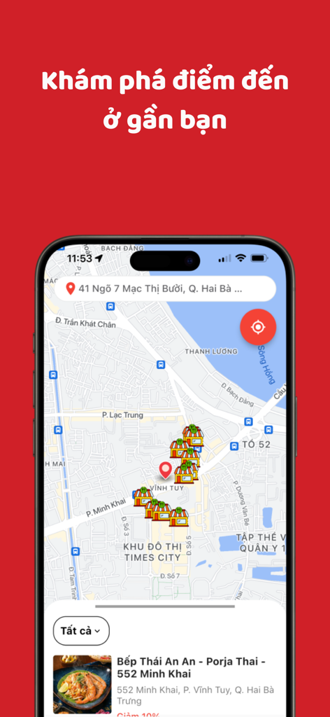 PasGo: Đặt bàn nhà hàng ưu đãi - PasGo app interface displaying a map with restaurant locations and a Thai restaurant listing.