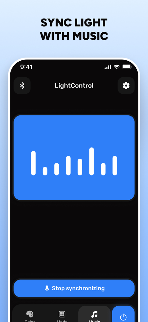 Led Light Remote Controller + - Interfaz de la app Led Light Remote Controller mostrando la función de sincronización musical con un visualizador de audio azul.