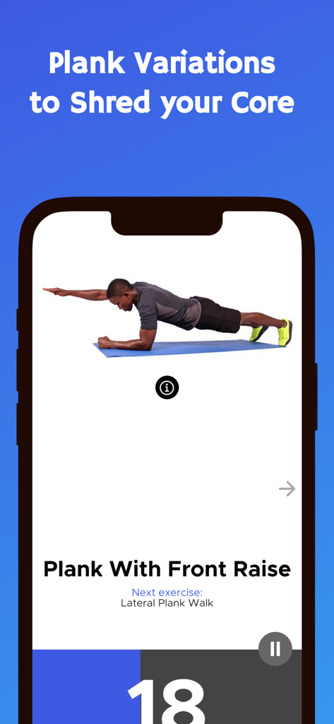 Ein Mann, der im App-Interface eine Plank-Übung mit Frontheben auf einer Yogamatte ausführt
