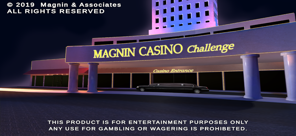 Magnin Casino Challenge - Magnin Casino Challenge title screen showing a virtual casino building at night with a black limousine parked at the entrance.