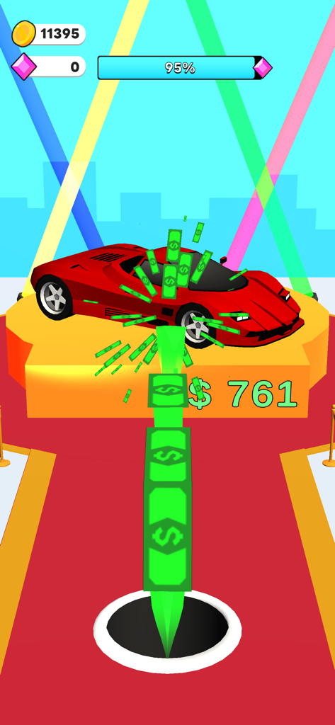 Money Hole! - Gameplay of Money Hole app showing cash flying from a hole to purchase a red luxury car on a podium