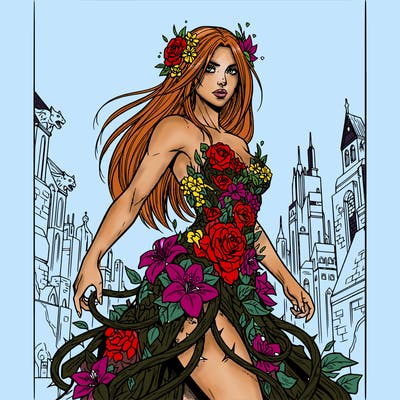 a realistic girl with old straight hair wearing a dree made of flowers