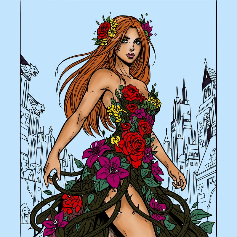 a realistic girl with old straight hair wearing a dree made of flowers