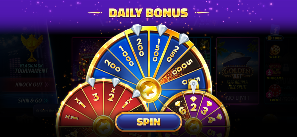 House of Poker - Texas Holdem - Un écran de bonus quotidien dans House of Poker avec trois roues de prix colorées et un bouton central pour faire tourner et gagner des récompenses.