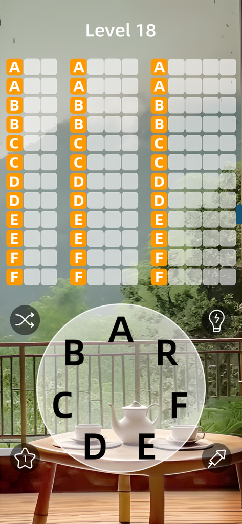 Zen Word gameplay showing uncrossed word puzzles and a letter wheel over a serene balcony background