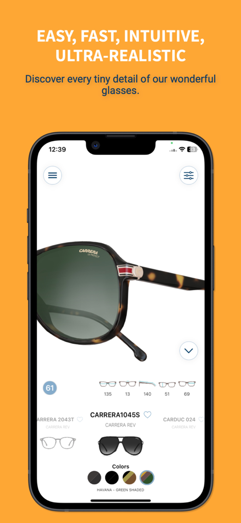 Vista de primer plano de gafas de sol Carrera en un dispositivo móvil que muestra detalles del producto y opciones de color en la aplicación Safilo VTO.
