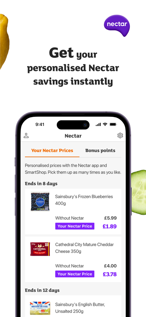 Sainsburys SmartShop app interface showing personalized Nectar loyalty discounts on grocery items like blueberries and cheddar cheese