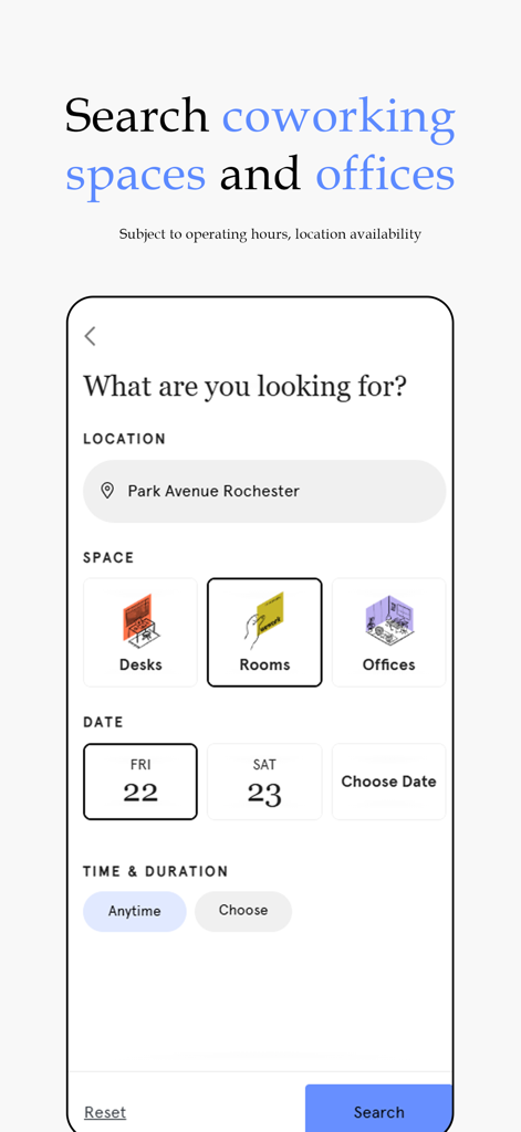 WeWork: Flexible Workspace - The WeWork app search interface for booking desks rooms and offices by location and date