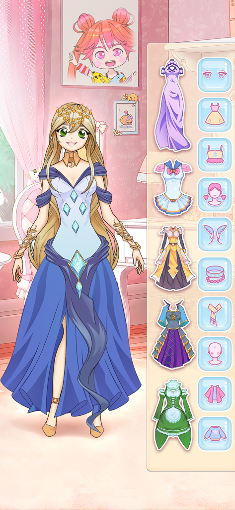 Anime Dress Up Games: Moe Doll - Un creador de personajes de chica anime con un vestido azul y una selección de atuendos