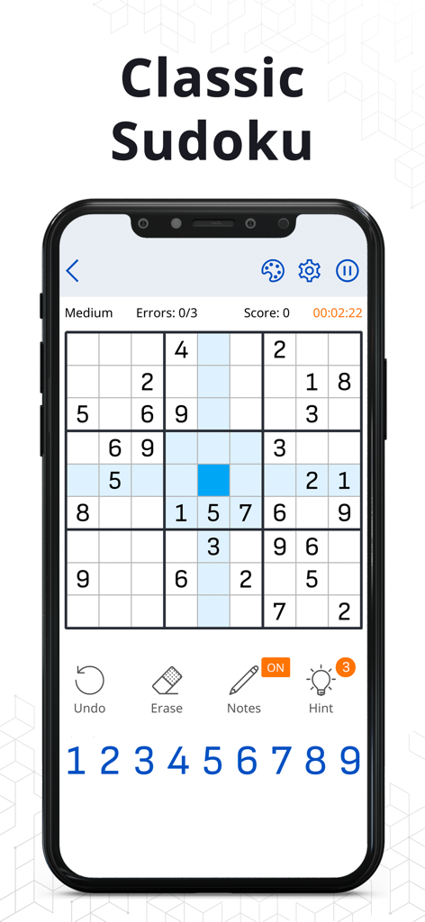 Sudoku Guru - Classic sudoku - Classic 9x9 Sudoku puzzle grid on a smartphone interface with gameplay tools