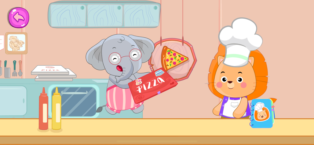 Pizza Maker Kids Cooking Games - Elephant and lion chef characters in a cartoon kitchen from the Pizza Maker kids game