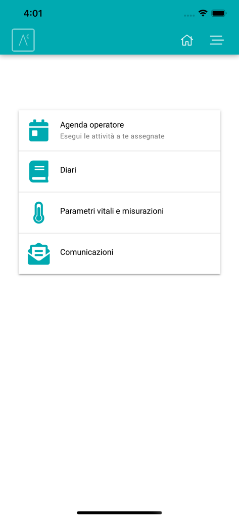 Advenias Care Domiciliare - Menu principale dell'app Advenias Care Domiciliare che mostra le opzioni per agenda operatore, cartelle cliniche, parametri vitali e comunicazioni.