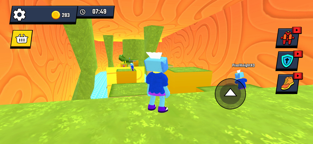 Escape from Dungeon World - A blue character explores a colorful 3D dungeon with orange walls and green platforms in the mobile game Escape from Dungeon World