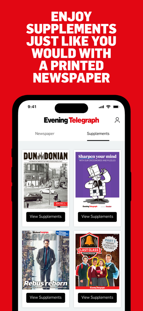 Evening Telegraph Dundee mobile app displaying digital newspaper supplements and interactive puzzles.