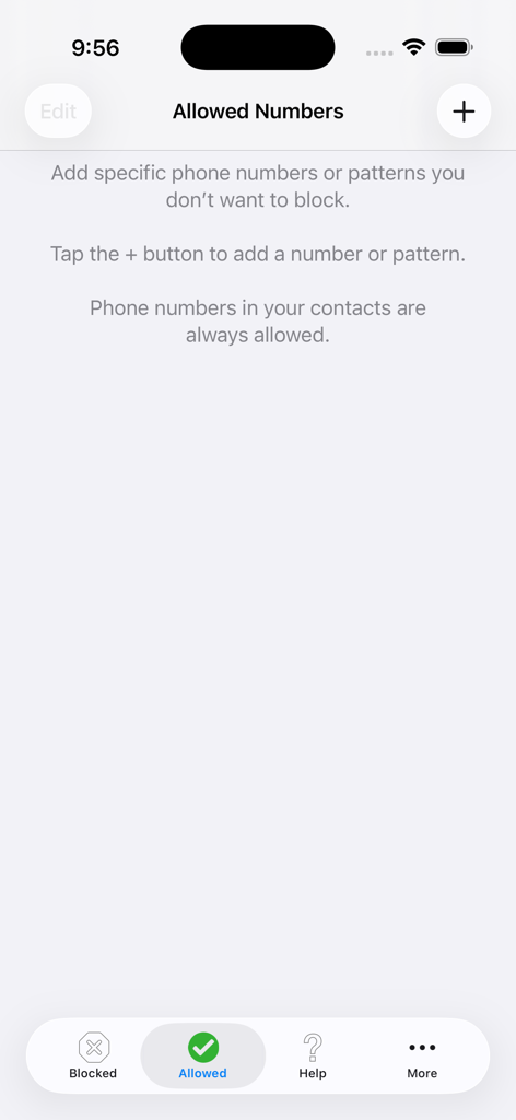 Number Shield - Captura de pantalla de la pantalla de números permitidos en la aplicación Number Shield que muestra opciones para añadir a la lista blanca números de teléfono o patrones específicos