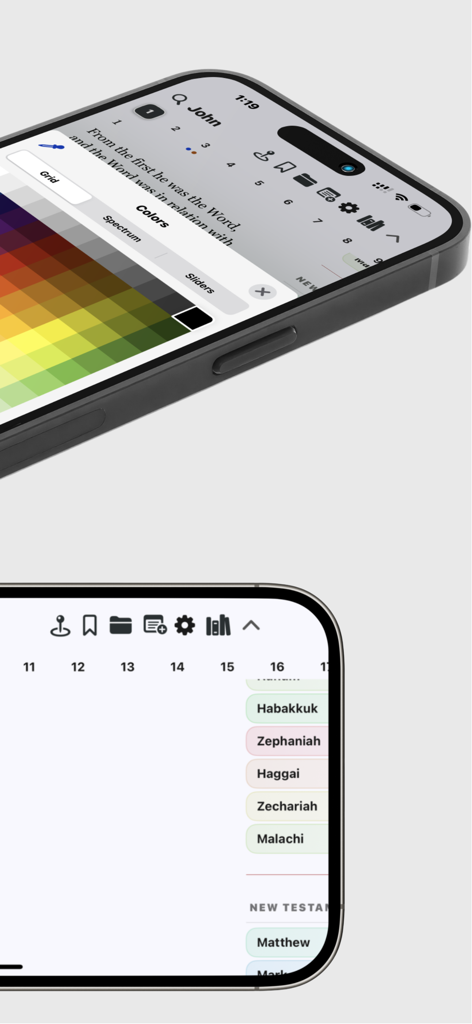 Interfaz de la aplicación Bible Tiles mostrando una cuadrícula de selección de colores para resaltar y una barra lateral con pestañas de navegación de libros de la Biblia.