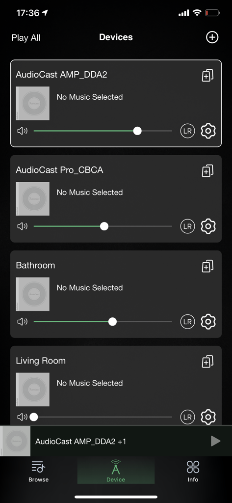 AudioCast - AudioCast app interface showing multiple connected audio devices in different rooms like bathroom and living room with volume sliders