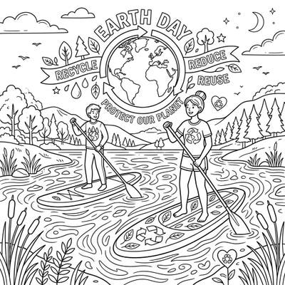 Dive into an eco-conscious adventure with this Earth Day coloring page, featuring two enthusiastic paddleboarders gliding across serene waters. It’s a perfect creative activity to celebrate our planet and inspire environmental action.