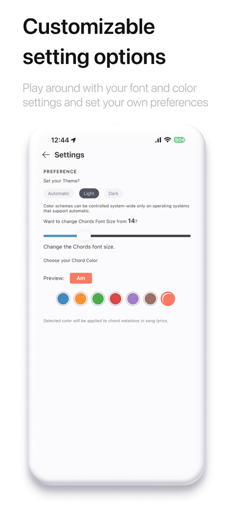 ChordPedia: Guitar Chords - ChordPedia app settings screen for customizing chord font size and color themes