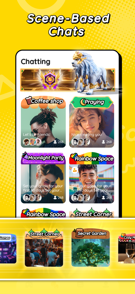 Saya - Games&Party&Chat - Saya app interface featuring various themed voice chat rooms like Coffee Shop and Moonlight Party.