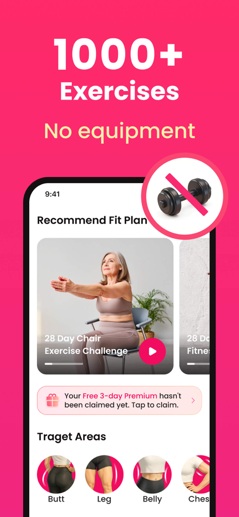 EasyFit AI-Home Workout - EasyFit-App-Bildschirm, der über 1000 Übungen und eine 28-tägige Stuhl-Herausforderung für die Fitness zu Hause anzeigt.