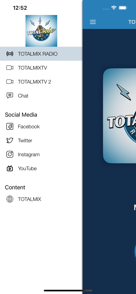 Menu de navigation latérale de l'application sportive haïtienne Totalmix montrant les options radio et TV