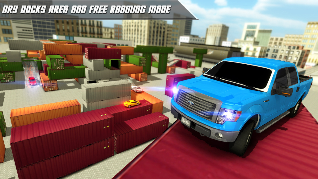Car Parking free - The Real Driving Experience - Camioneta Ford F150 azul en la zona de contenedores de los muelles secos del juego de aparcamiento de coches