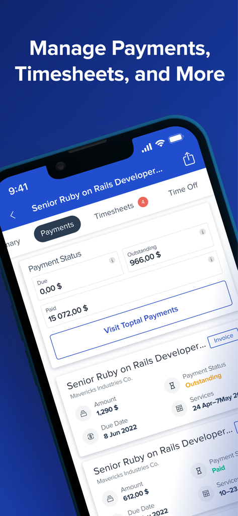 Uma interface móvel do aplicativo Toptal Talent exibindo o status de pagamento e detalhes da fatura para um desenvolvedor sênior