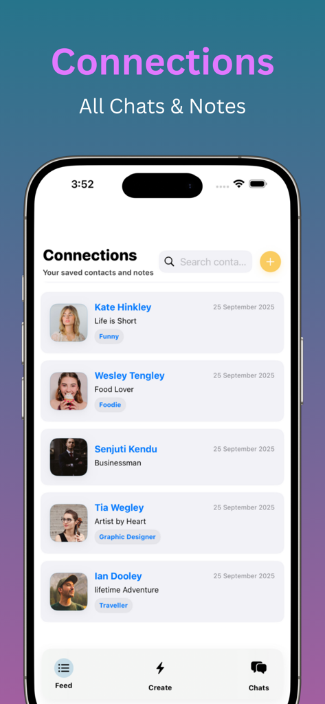 New Connect+ - New Connect plus mobile app connections screen displaying a feed of private contacts and personalized notes