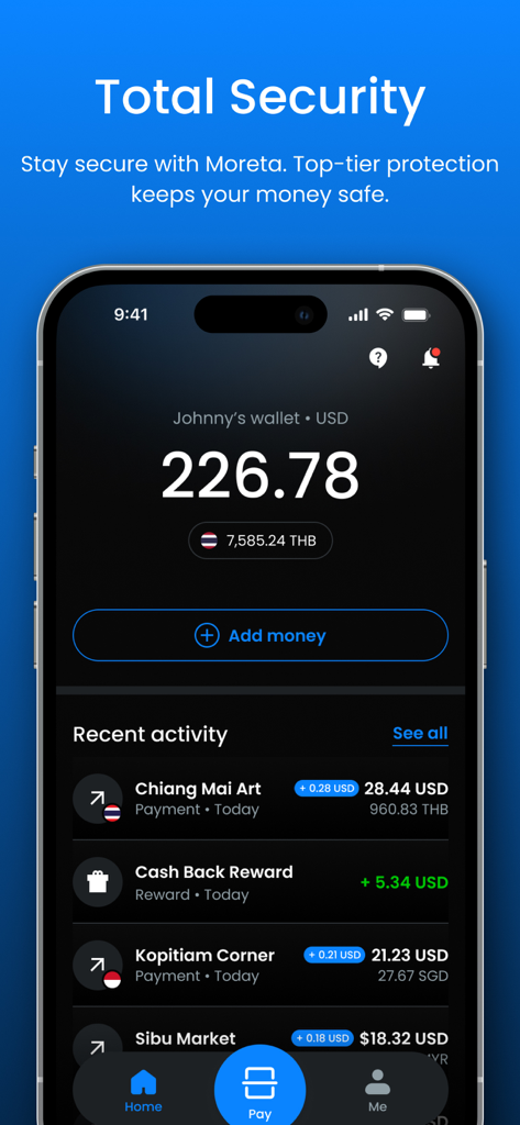 Moreta Pay mobile app interface showing digital wallet balance and recent travel transactions with security features