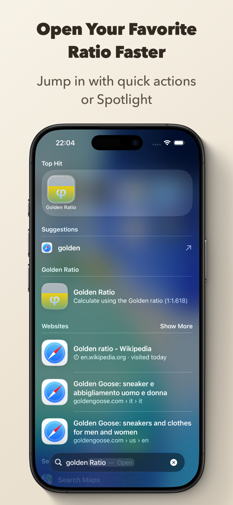 Golden Ratio Calculator++ - iPhone Spotlight search result for Golden Ratio Calculator app