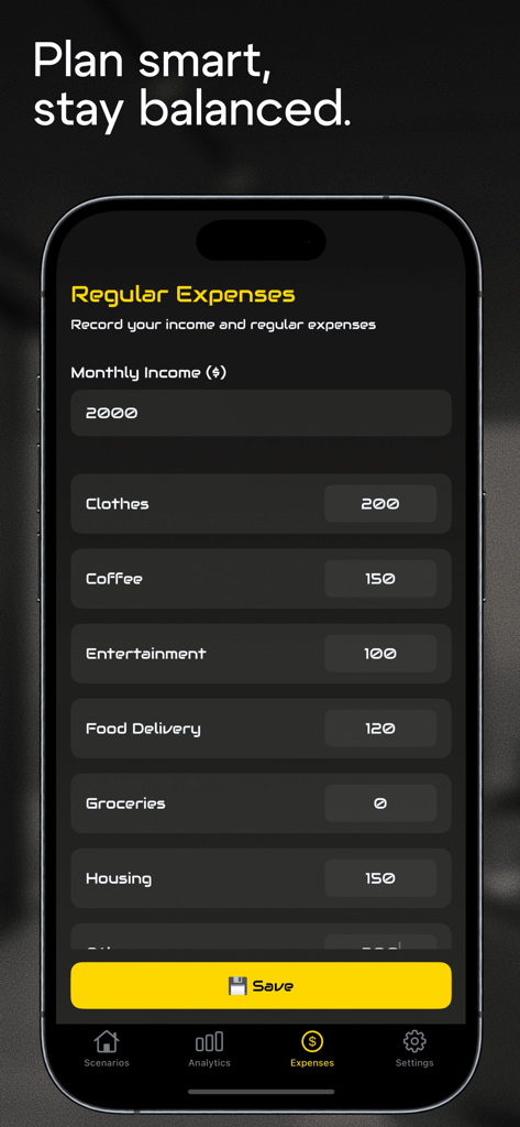 Еxness Finаncе - Interface of Exness Finance app showing regular monthly expenses and income input fields