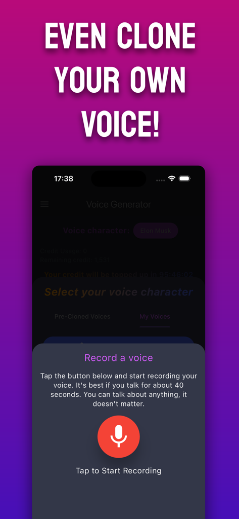 AI Voice Generator - SEDA - Interface of the AI Voice Generator SEDA app showing the voice cloning recording feature