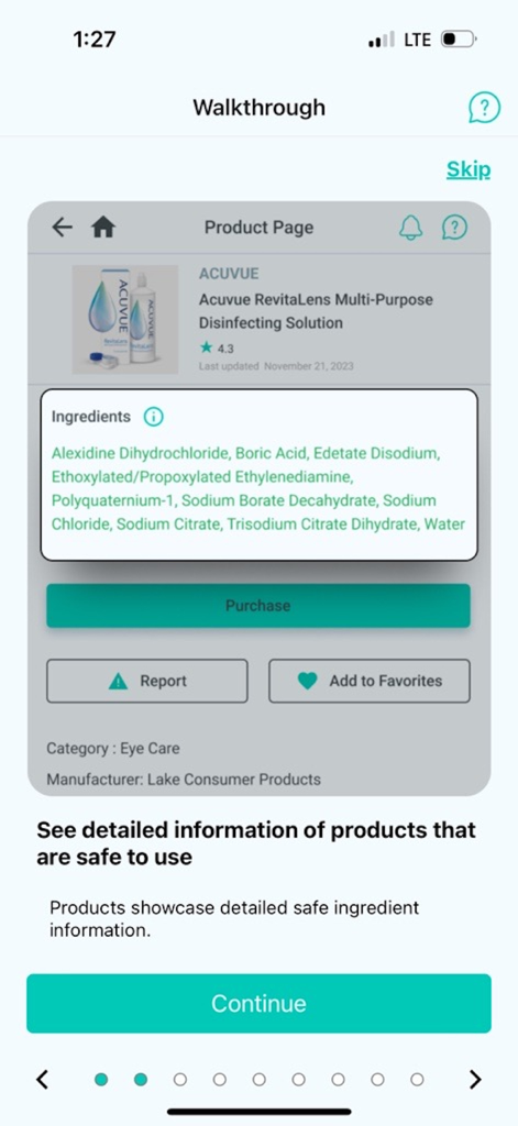 ACDS CAMP - A mobile screen from the ACDS CAMP app walkthrough showing a product page with a list of safe ingredients for a disinfecting solution.