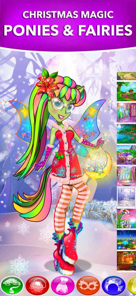 A fairy doll character in a Christmas outfit with wings and a moon lantern in a snowy winter scene.