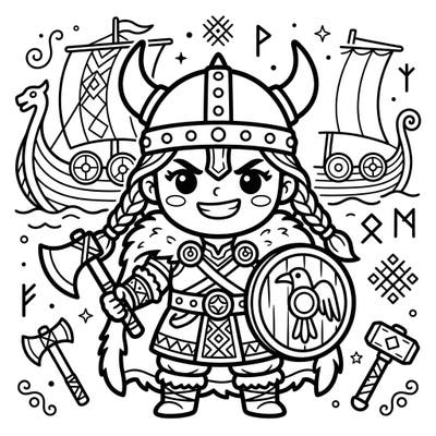Embark on a charming coloring journey with this delightful Kawaii Viking Warrior. This adorable Norse fighter, complete with helmet, shield, and axe, is ready for your creative touch.