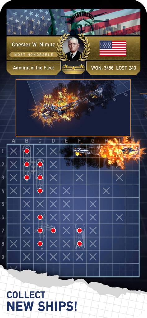 Fleet Battle: Sea Battle game - Fleet Battle naval combat gameplay showing a battle grid and Admiral of the Fleet profile.