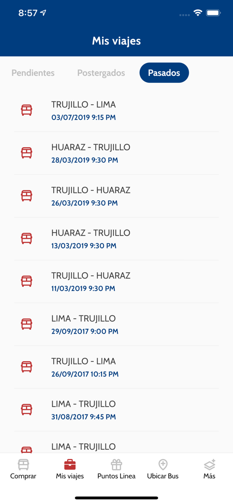 Mobile app interface showing a list of past bus travel history between Peruvian cities