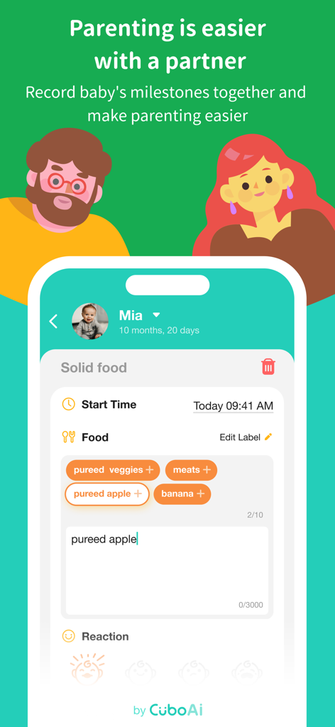 Baby Diary Tracker Log -CuboAi - A smartphone showing the CuboAi baby diary app with a food log screen and two parents recording milestones together